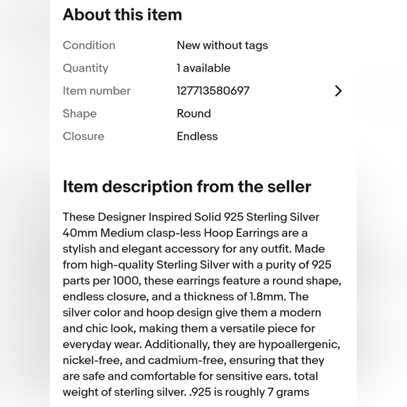 Designer Inspired Solid 925 Sterling Silver 40mm Medium clasp-less Hoop Earrings - Picture 3 of 4